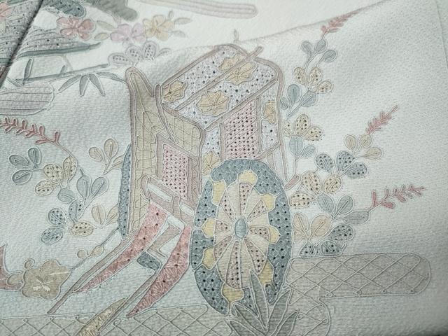 平和屋着物●中国三大刺繍　スワトウ刺繍　汕頭刺繍　総刺繍　訪問着　御所車風景花文　正絹　逸品　未使用　CABK8177ut