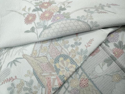 平和屋着物●中国三大刺繍　スワトウ刺繍　汕頭刺繍　総刺繍　訪問着　御所車風景花文　正絹　逸品　未使用　CABK8177ut