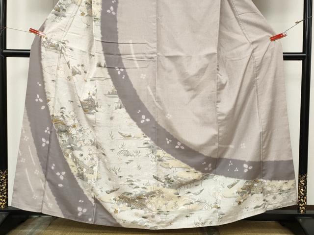 平和屋着物●訪問着　紬地　絞り　風景草花文　正絹　逸品　CABK8193ut