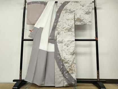 平和屋着物●訪問着　紬地　絞り　風景草花文　正絹　逸品　CABK8193ut