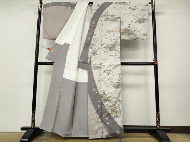 平和屋着物●訪問着　紬地　絞り　風景草花文　正絹　逸品　CABK8193ut