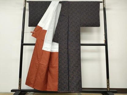 平和屋着物●上質なお召　舞花文　黒地　正絹　逸品　CABK8208ut