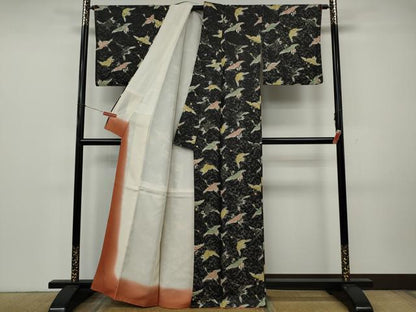 平和屋着物●上質な小紋　型染め　飛鶴文　黒地　銀通し地　正絹　逸品　CABK8243ut