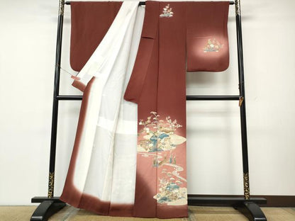 平和屋着物●訪問着　風景草花文　暈し染め　金彩　鬼しぼ縮緬　正絹　逸品　CABK8286ut