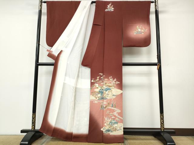 平和屋着物●訪問着　風景草花文　暈し染め　金彩　鬼しぼ縮緬　正絹　逸品　CABK8286ut