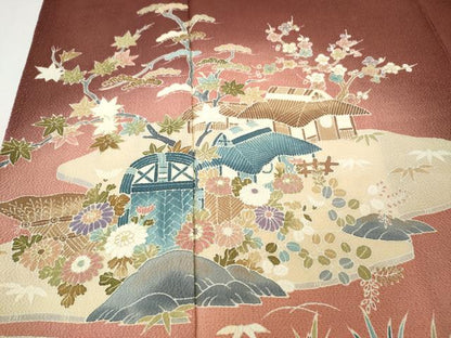 平和屋着物●訪問着　風景草花文　暈し染め　金彩　鬼しぼ縮緬　正絹　逸品　CABK8286ut