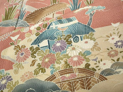 平和屋着物●訪問着　風景草花文　暈し染め　金彩　鬼しぼ縮緬　正絹　逸品　CABK8286ut