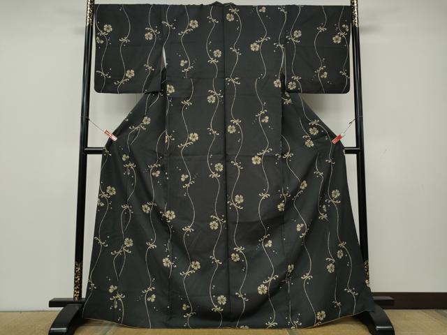平和屋着物●小紋　草花間道　黒地　洗える着物　CABK8322ut