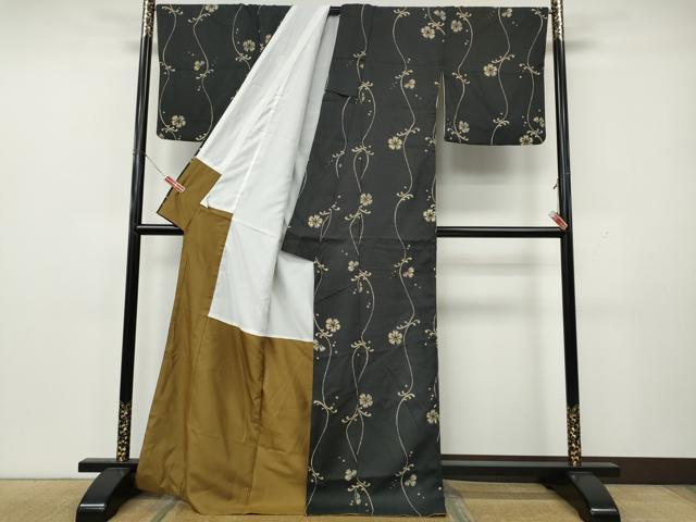 平和屋着物●小紋　草花間道　黒地　洗える着物　CABK8322ut
