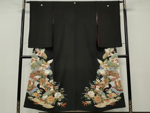 平和屋着物●アンティーク　大正ロマン　黒留袖　地紙飛鶴風景花文　金彩　正絹　逸品　CABK8341ut