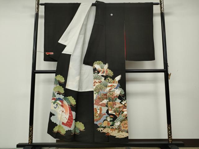 平和屋着物●アンティーク　大正ロマン　黒留袖　地紙飛鶴風景花文　金彩　正絹　逸品　CABK8341ut