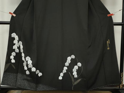 平和屋着物●日本舞踊家 岩井流宗元　岩井友見　訪問着　駒刺繍　胡蝶蘭　黒地　正絹　逸品　CABK8342ut
