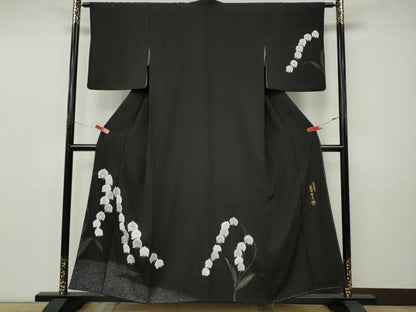 平和屋着物●日本舞踊家 岩井流宗元　岩井友見　訪問着　駒刺繍　胡蝶蘭　黒地　正絹　逸品　CABK8342ut
