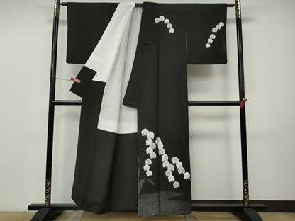 平和屋着物●日本舞踊家 岩井流宗元　岩井友見　訪問着　駒刺繍　胡蝶蘭　黒地　正絹　逸品　CABK8342ut