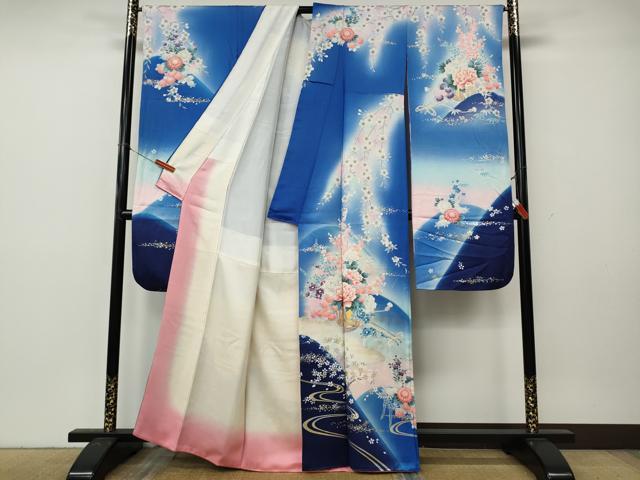 平和屋着物●豪華振袖　流水花車文　暈し染め　銀通し地　正絹　逸品　CABK8359ut