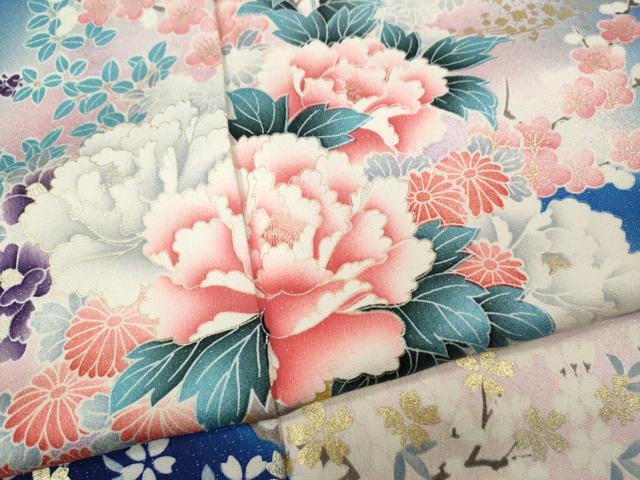 平和屋着物●豪華振袖　流水花車文　暈し染め　銀通し地　正絹　逸品　CABK8359ut