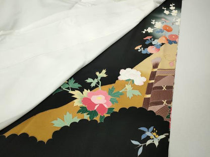 平和屋着物●豪華黒留袖　友禅　作家物　流水草花文　暈し染め　正絹　逸品　CABK8373ut