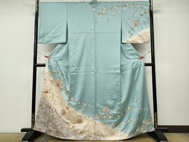 平和屋着物●中国三大刺繍　スワトウ刺繍　汕頭刺繍　訪問着　雪輪立波花文　暈し染め　金彩　正絹　逸品　CABK8390ut