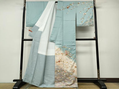 平和屋着物●中国三大刺繍　スワトウ刺繍　汕頭刺繍　訪問着　雪輪立波花文　暈し染め　金彩　正絹　逸品　CABK8390ut