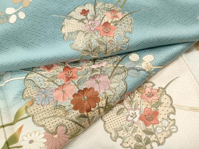 平和屋着物●中国三大刺繍　スワトウ刺繍　汕頭刺繍　訪問着　雪輪立波花文　暈し染め　金彩　正絹　逸品　CABK8390ut