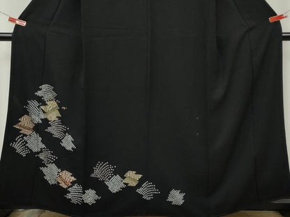平和屋着物●訪問着　絞り　刺繍　松皮菱花文　黒地　金彩　正絹　逸品　CABK8391ut