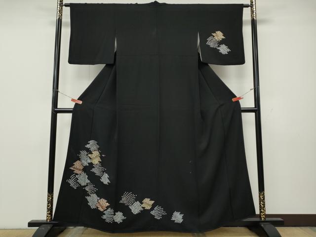 平和屋着物●訪問着　絞り　刺繍　松皮菱花文　黒地　金彩　正絹　逸品　CABK8391ut