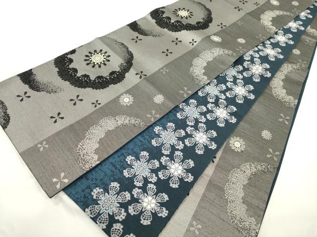 平和屋着物●両面　全通柄袋帯　幾何学花文　銀糸　正絹　逸品　CABK8404dy