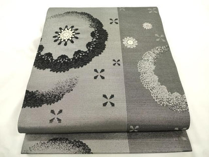 平和屋着物●両面　全通柄袋帯　幾何学花文　銀糸　正絹　逸品　CABK8404dy