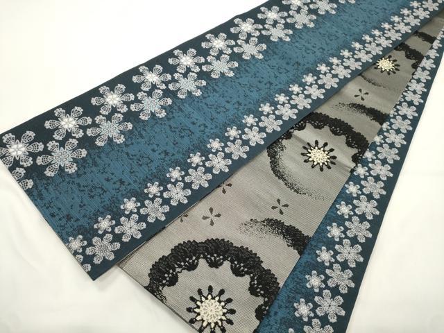 平和屋着物●両面　全通柄袋帯　幾何学花文　銀糸　正絹　逸品　CABK8404dy