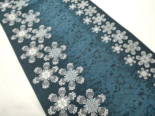 平和屋着物●両面　全通柄袋帯　幾何学花文　銀糸　正絹　逸品　CABK8404dy