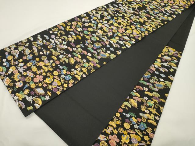 平和屋着物●六通柄袋帯　唐織　宝　黒地　金糸　正絹　逸品　CABK8405dy