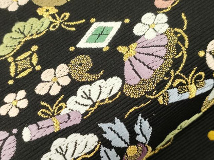 平和屋着物●六通柄袋帯　唐織　宝　黒地　金糸　正絹　逸品　CABK8405dy