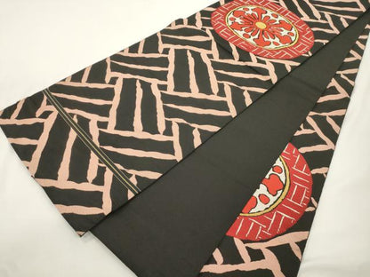平和屋着物●六通柄　本袋帯　幾何学文　黒地　金糸　正絹　逸品　CABK8420dy