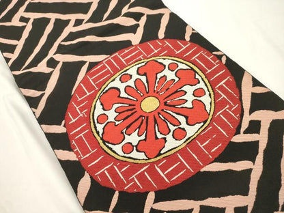 平和屋着物●六通柄　本袋帯　幾何学文　黒地　金糸　正絹　逸品　CABK8420dy