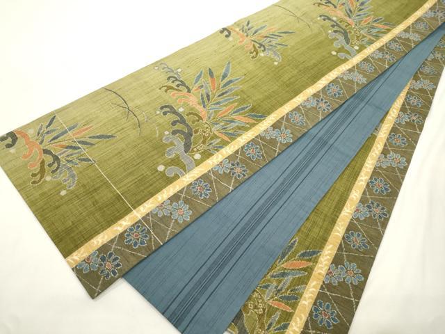 平和屋着物●両面　全通柄袋帯　紬地　立波草花文　正絹　逸品　CABK8423dy