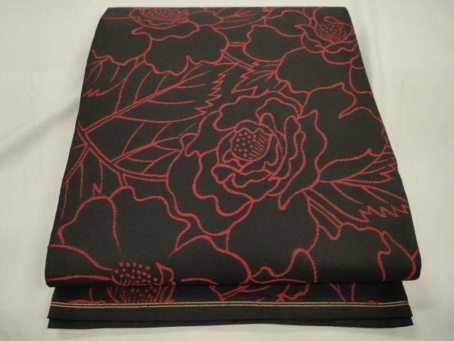 平和屋着物●六通柄　本袋帯　草花文　黒地　正絹　逸品　CABK8426dy