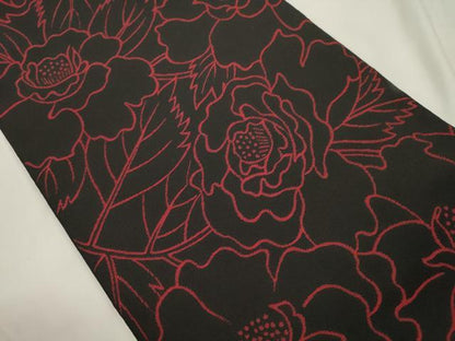 平和屋着物●六通柄　本袋帯　草花文　黒地　正絹　逸品　CABK8426dy
