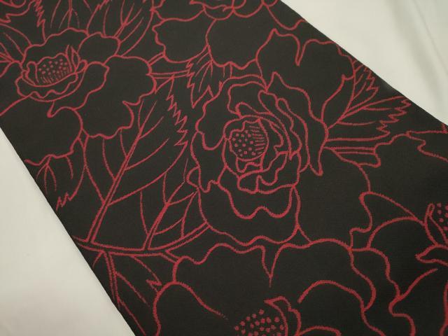 平和屋着物●六通柄　本袋帯　草花文　黒地　正絹　逸品　CABK8426dy