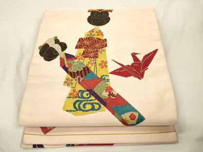 平和屋着物●爪掻き本綴れ　八寸名古屋帯　絽刺し　区限刺繍　こけし　金糸　正絹　逸品　CABK8431dy