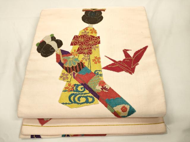 平和屋着物●爪掻き本綴れ　八寸名古屋帯　絽刺し　区限刺繍　こけし　金糸　正絹　逸品　CABK8431dy