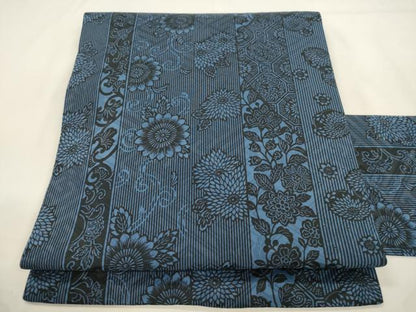 平和屋着物●全通柄九寸名古屋帯　藍　型染め　更紗花唐草文　正絹　逸品　CABK8434dy