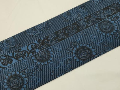 平和屋着物●全通柄九寸名古屋帯　藍　型染め　更紗花唐草文　正絹　逸品　CABK8434dy