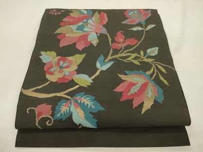 平和屋着物●八寸名古屋帯　草花文　金糸　正絹　逸品　CABK8435dy
