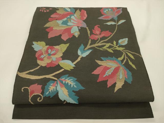平和屋着物●八寸名古屋帯　草花文　金糸　正絹　逸品　CABK8435dy