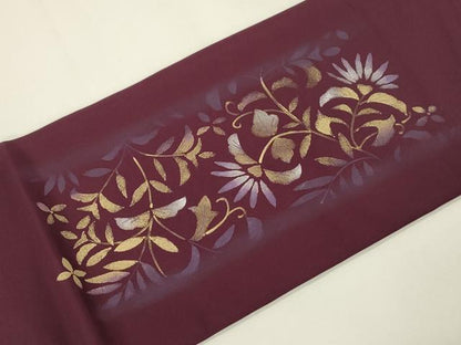 平和屋着物●塩瀬　九寸名古屋帯　手描き　草花文　金彩　正絹　逸品　CABK8436dy