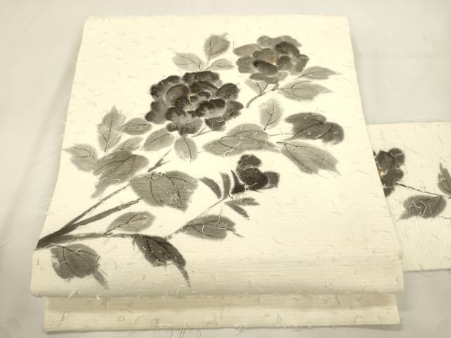 平和屋着物●九寸名古屋帯　作家物　手描き　髭紬　草花文　正絹　逸品　CABK8440dy