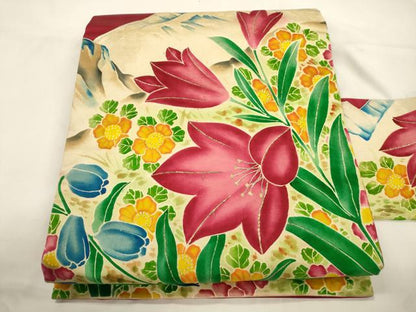 平和屋着物●アンティーク　大正ロマン　九寸名古屋帯　刺繍　草花文　金糸　正絹　逸品　CABK8442dy