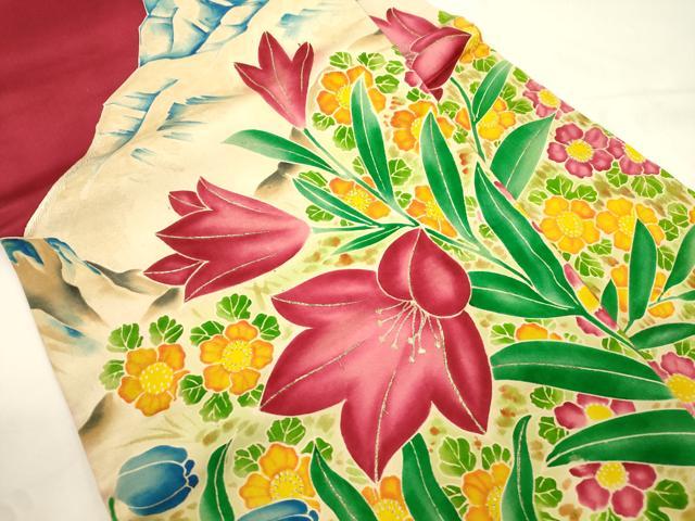 平和屋着物●アンティーク　大正ロマン　九寸名古屋帯　刺繍　草花文　金糸　正絹　逸品　CABK8442dy