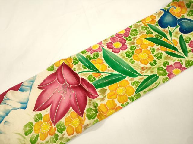 平和屋着物●アンティーク　大正ロマン　九寸名古屋帯　刺繍　草花文　金糸　正絹　逸品　CABK8442dy