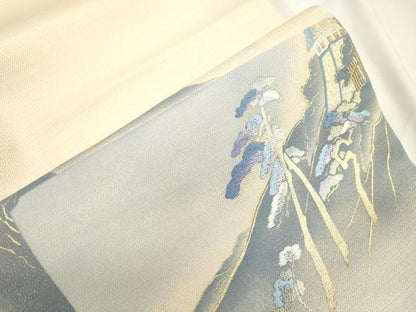 平和屋着物▼太鼓柄袋帯　作家物　刺繍　風景文　金銀彩　正絹　逸品　CABK8462dy